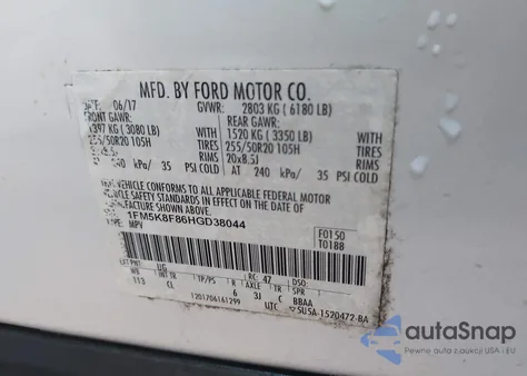 2017 Ford Explorer Limited z USA, uszkodzony, nr VIN 1FM5K8F86HGD38044